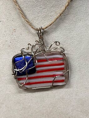 Artisan Made Silver Wire Wrapped Fused Glass American Flag Pendent